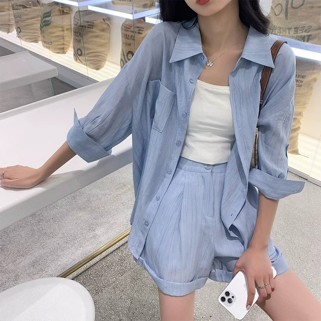 气质休闲防晒小个子减龄两件套炸街开叉衬衣阔腿裤短裤套装女夏季