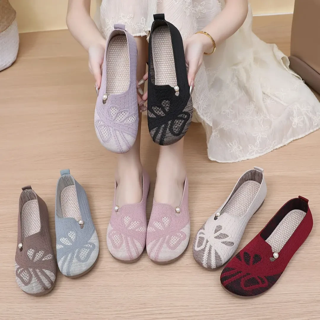夏季老北京布鞋女士平底飞织网面平跟鞋豆豆底中老年防滑妈妈鞋子