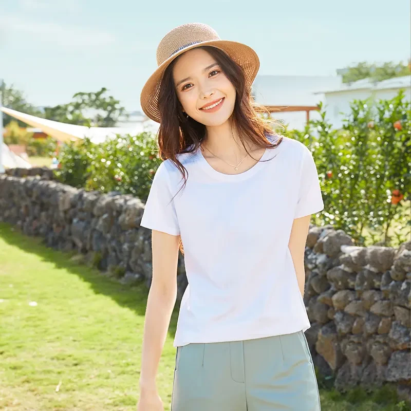 白色t恤女短袖夏季2025新款宽松圆领显瘦纯色百搭大码棉质上衣ins