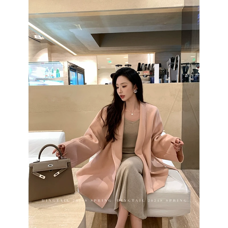 【清仓特惠】双面呢外套羊毛腰带气质慵懒中长款山羊绒大衣女秋冬