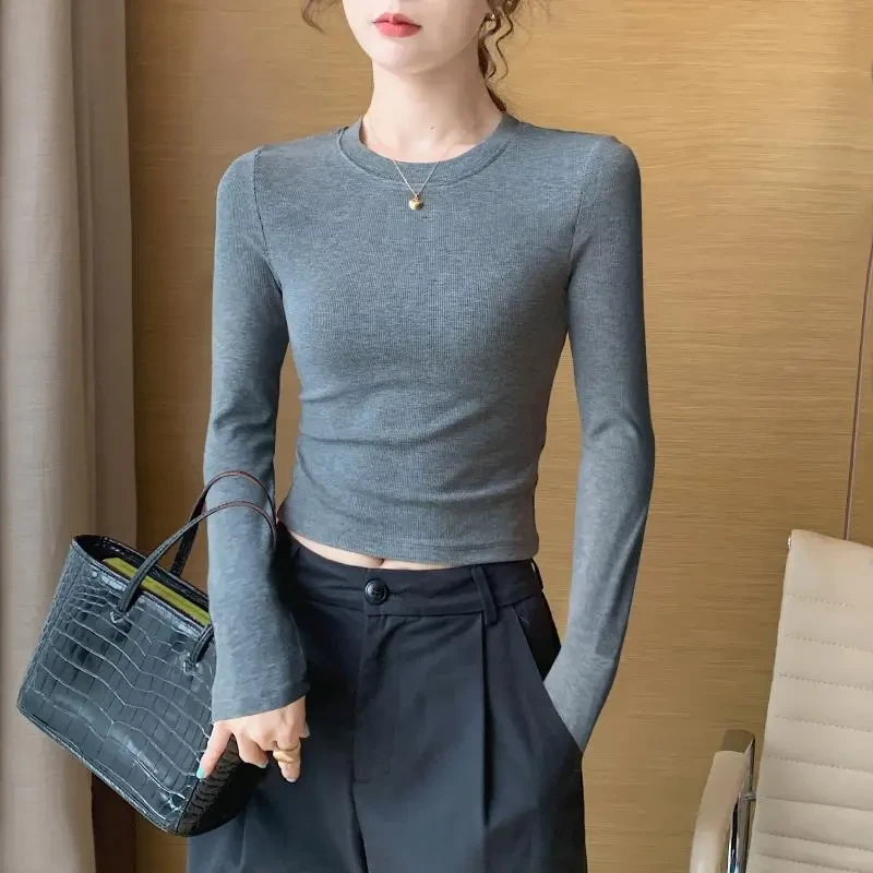 灰色圆领打底衫女短款春秋2025新款内搭洋气修身T恤螺纹长袖上衣