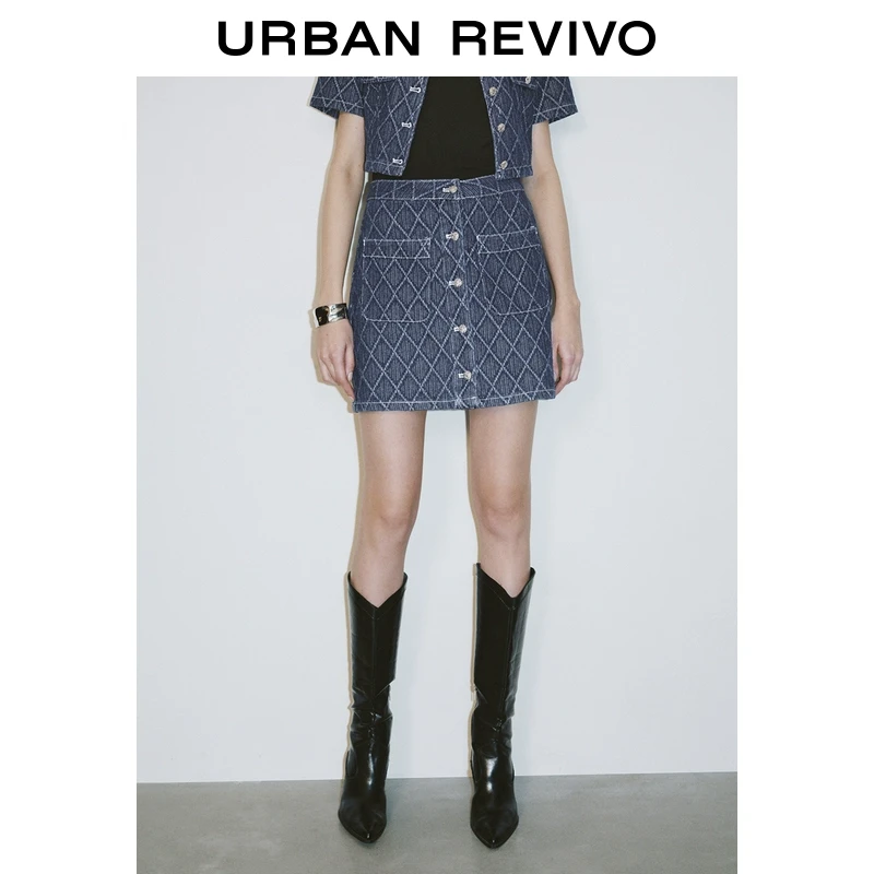 UR2025秋季新款女装复古菱格图案对称口袋牛仔半裙UWG850004