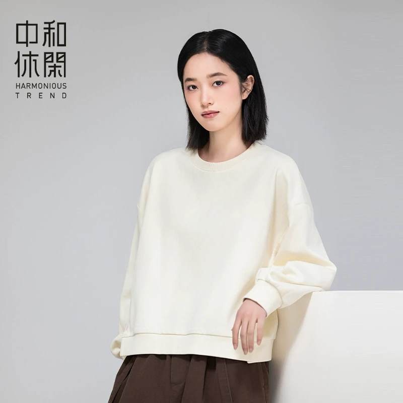 中和休闲宽松圆领卫衣女2025春季新款设计感纽扣上衣纯色打底衫