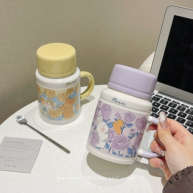 高颜值陶瓷杯带盖勺大容量花朵可爱马克杯办公室早餐咖啡网红杯子