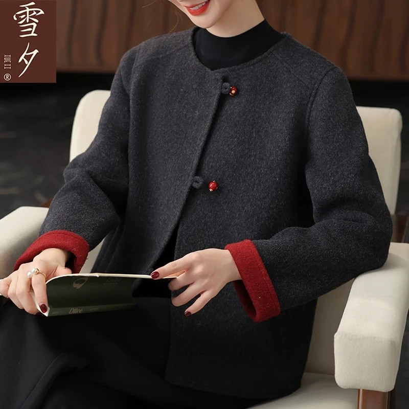 2025新款妈妈春装双面呢大衣中老年女装毛呢外套高贵国风开衫上衣