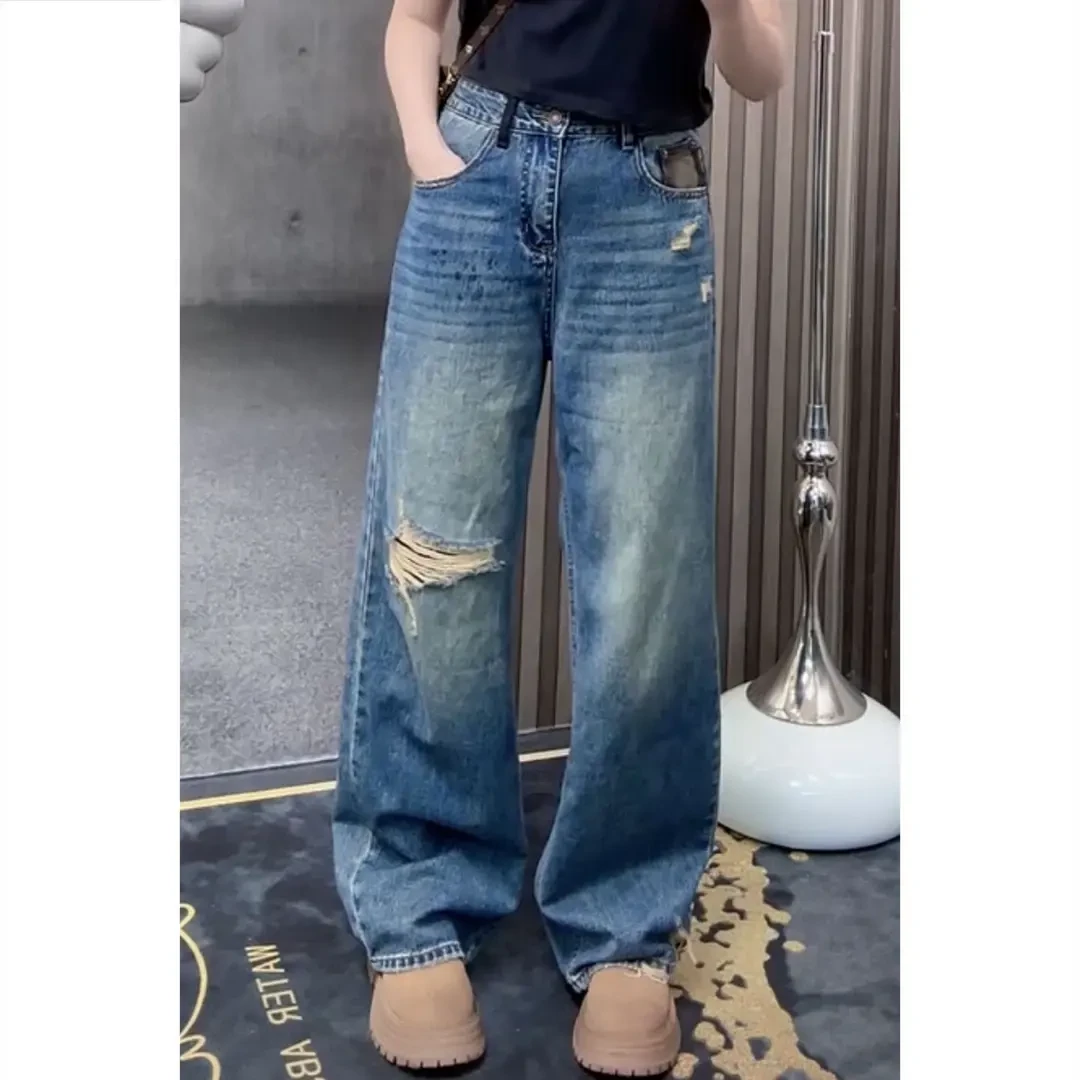 时尚百搭牛仔裤女秋季新款假破洞美式高街水洗宽松高腰阔腿牛仔裤