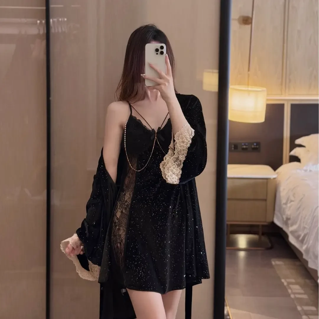 性感吊带金丝绒睡裙睡袍两件套睡衣女士春秋家居高级感奢华珍珠链