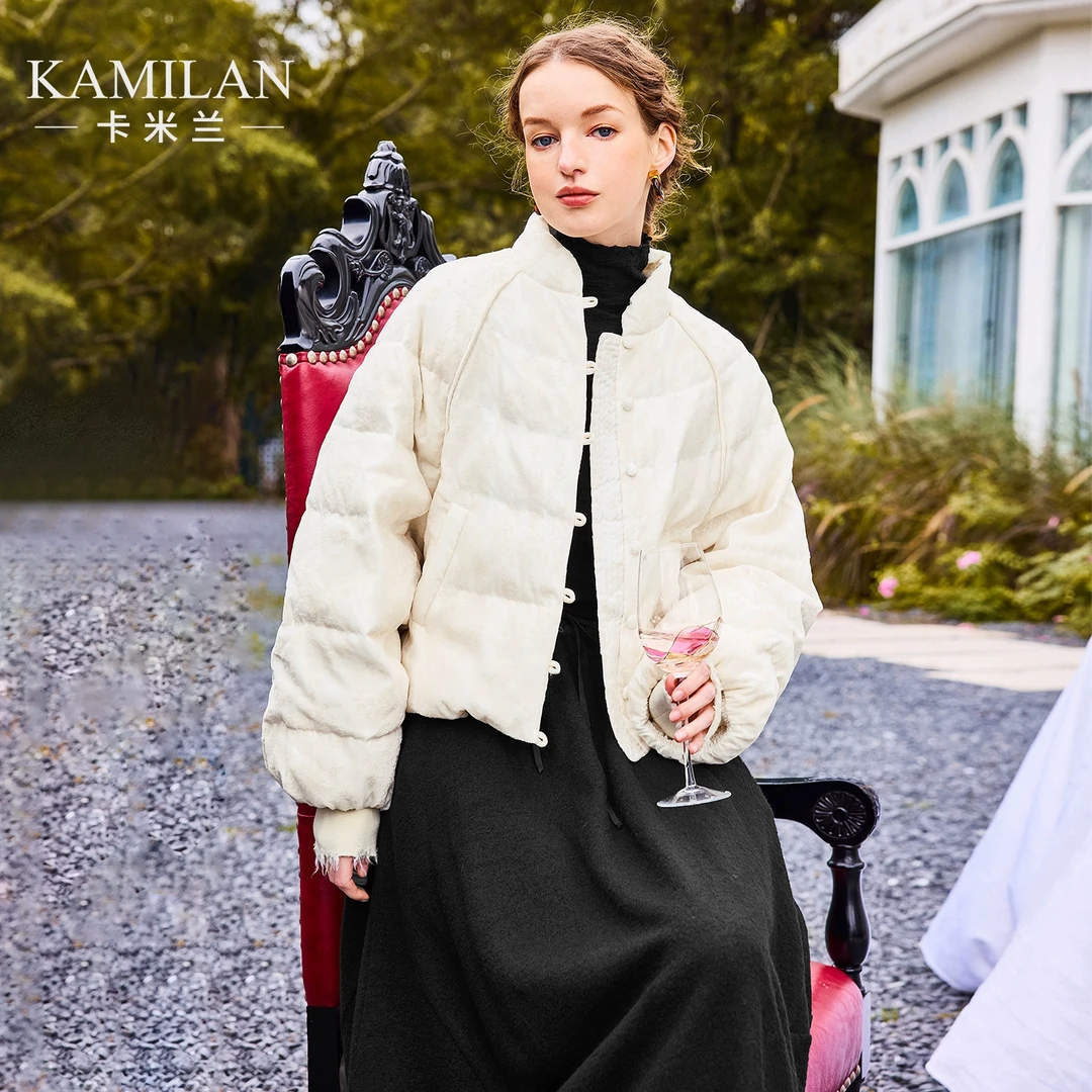 [鹅绒服x新中式]卡米兰短款绣花羽绒服女2024冬新款立领保暖外套