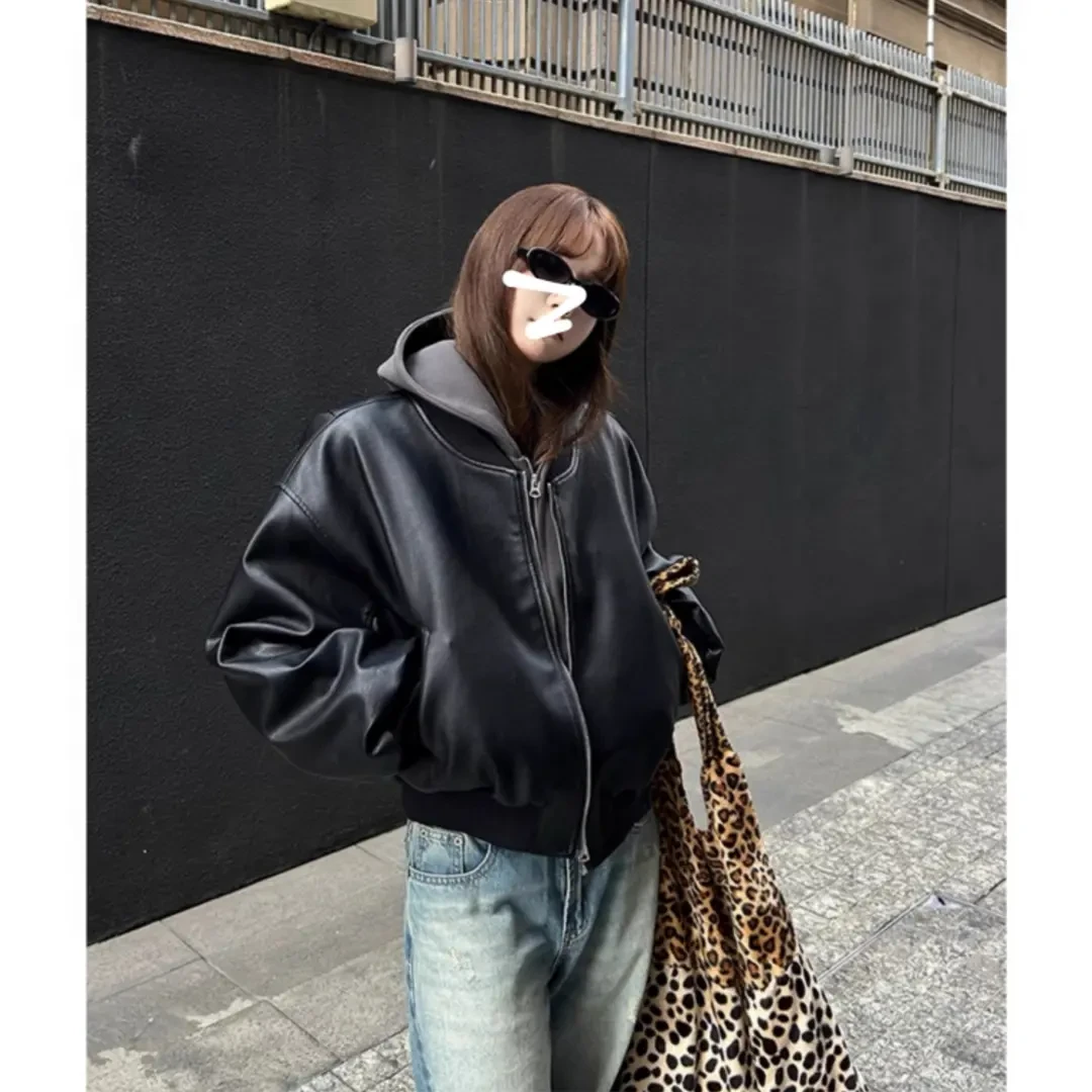 春秋韩版短款黑色百搭美式pu皮衣夹克拉链外套上衣女