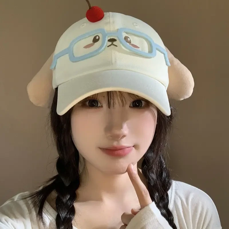 可爱眼镜樱桃小狗棒球帽宽帽檐大脸显脸小遮阳防晒鸭舌帽二次元yw