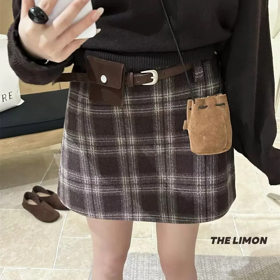 复古高腰格纹A字包臀半身裙秋冬款配腰带百搭短裙