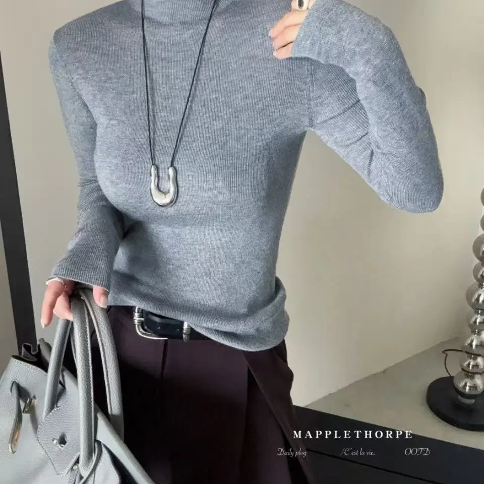 高领通勤女春季毛针织衫套头款修身型针织衫修身时尚