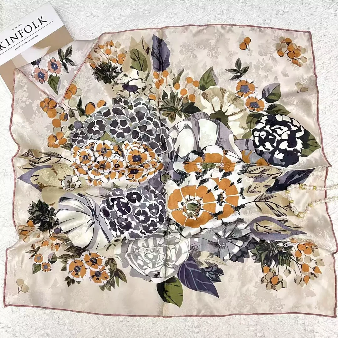 【花放】65*65cm100%桑蚕丝18姆米非遗提花花萝丝巾