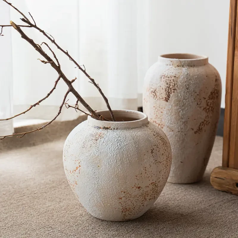 LZJV新中式复古侘寂风陶罐做旧装饰品玄关电视柜插花陶瓷花瓶水培
