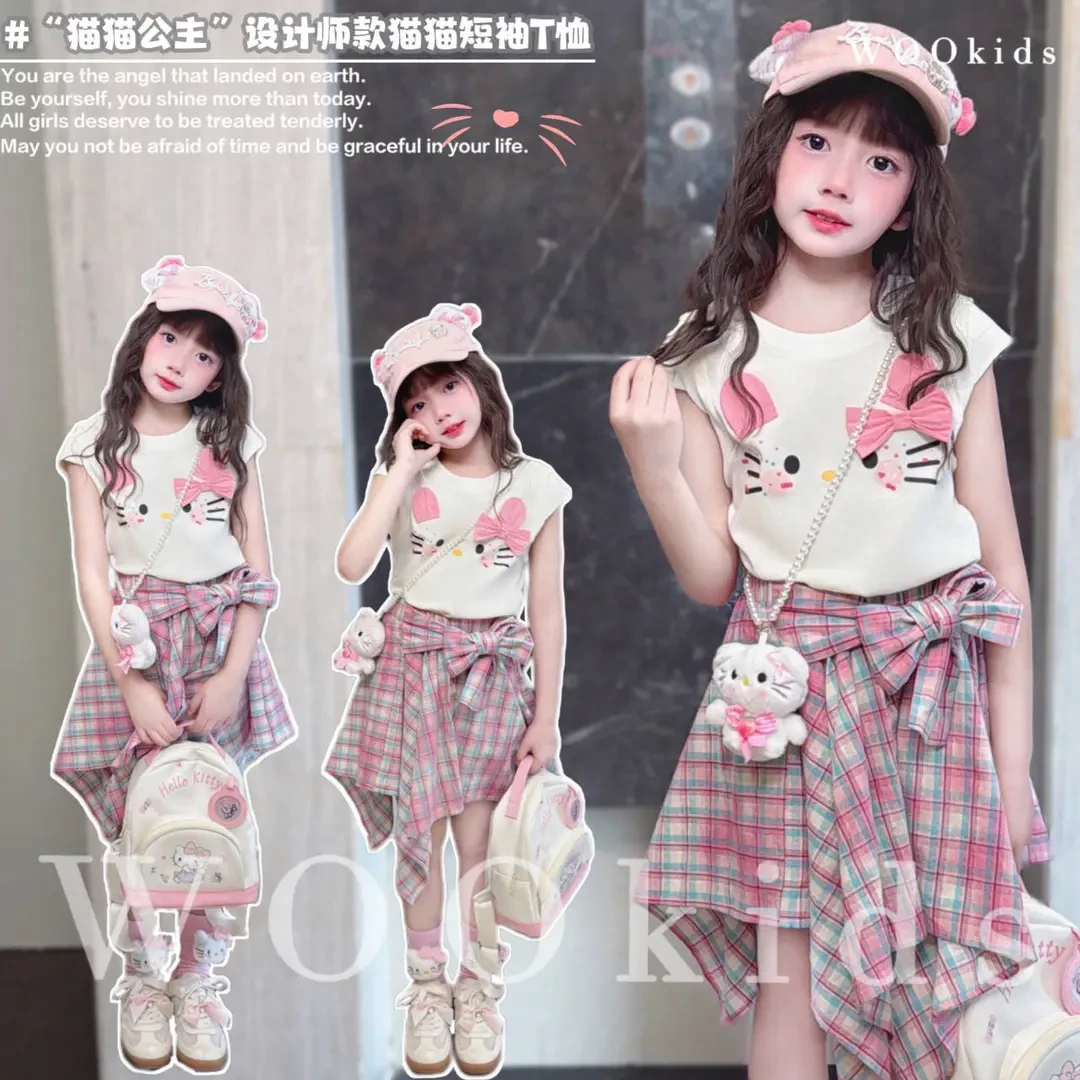 【猫猫公主】亲子母女童装高定短袖T恤中大童格子裤裙两件套洋气潮
