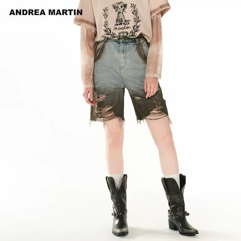 ANDREAMARTIN2025春季新款牛仔短裤女复古破洞高腰显瘦直筒五分裤