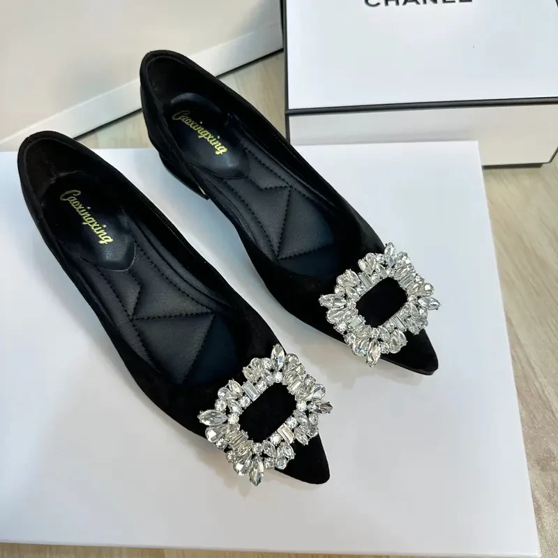 浅口女鞋软底水钻方扣大码底鞋尖单鞋低跟玛丽珍豆豆鞋底