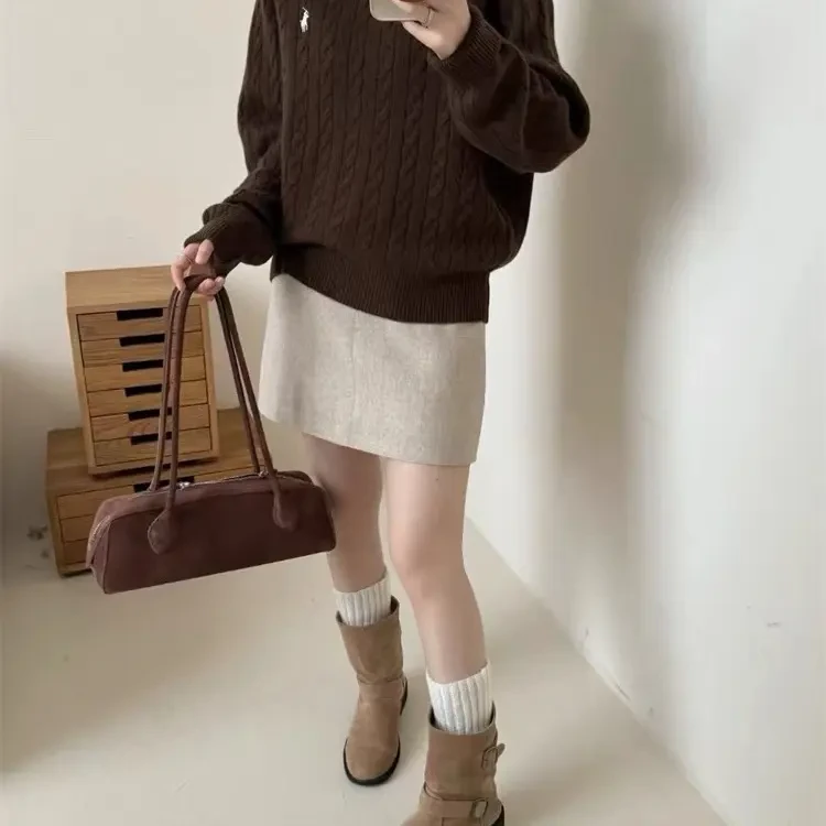 100羊毛秋冬慵懒风纯色套头圆领针织衫女宽松百搭显瘦打底