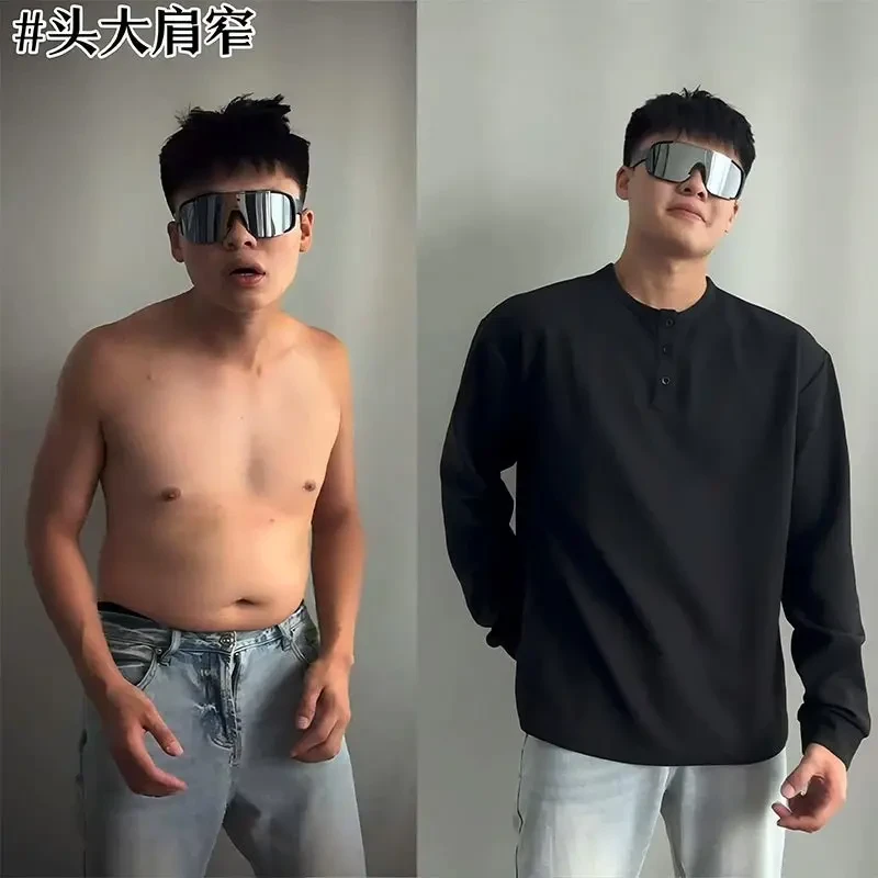 cleanfit黑色亨利领长袖T恤男款春季卫衣正肩美式复古内搭打底衫