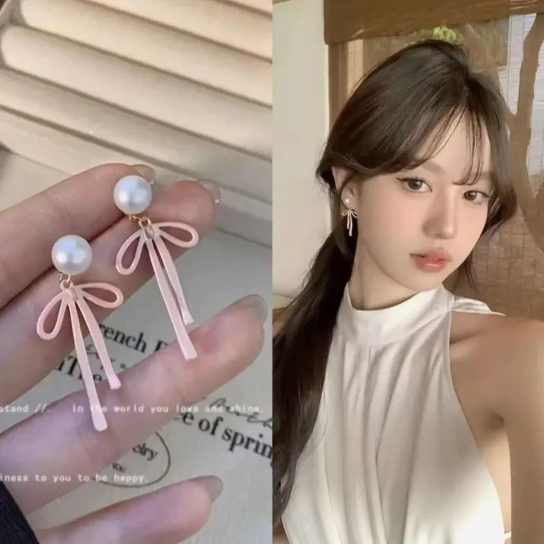 合金耳饰 超仙小清新粉色蝴蝶结两戴式珠珠耳钉耳饰甜美温柔耳环