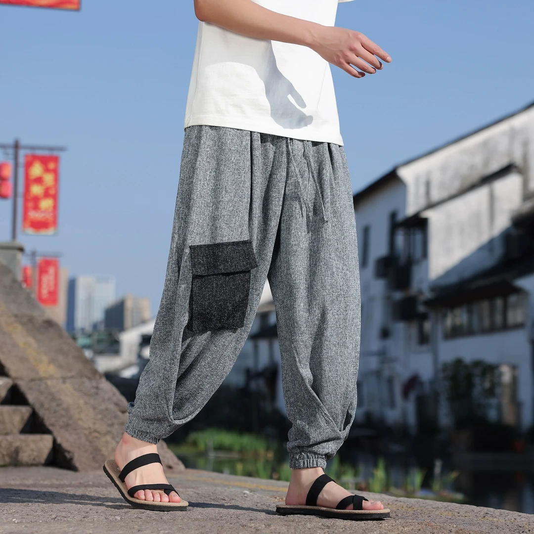 国潮大码工装裤男夏季中国风冰丝休闲裤宽松小众设计感束脚哈伦裤