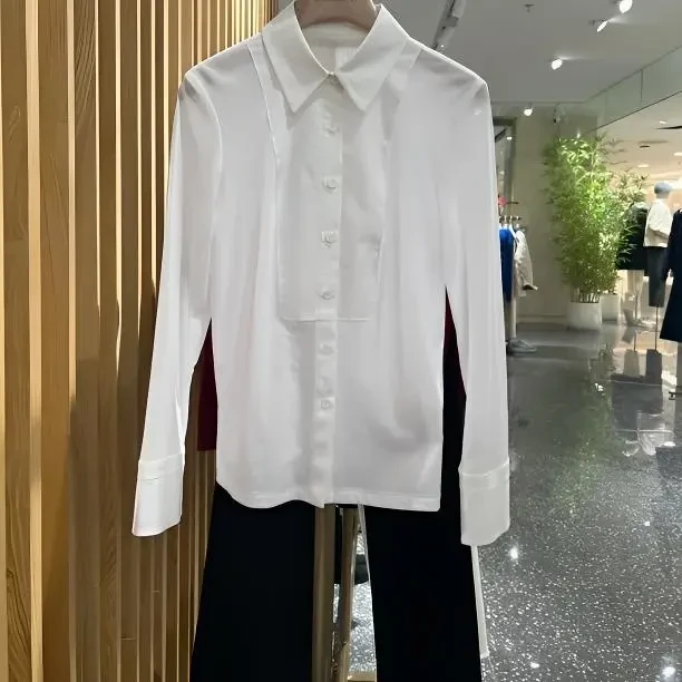 春秋新款收腰显瘦气质百搭女士长袖衬衫弹力网纱白色衬衣简约时尚