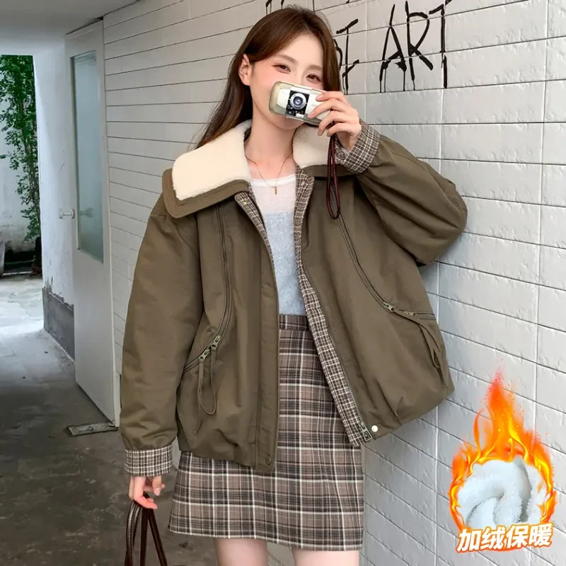 新款时尚派克服女冬季新款加绒加厚保暖棉衣外套宽松显瘦外套