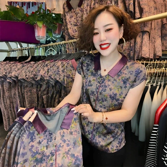 2023夏季短袖真丝上衣宽松时尚洋气妈妈装娃娃领减龄休闲衬衫女士