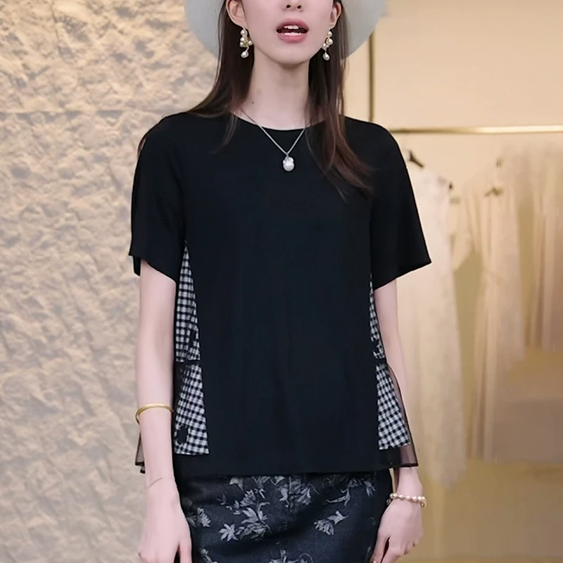 黑色网纱拼接t恤女士2025夏季时尚宽松减龄设计感遮肚子显瘦上衣