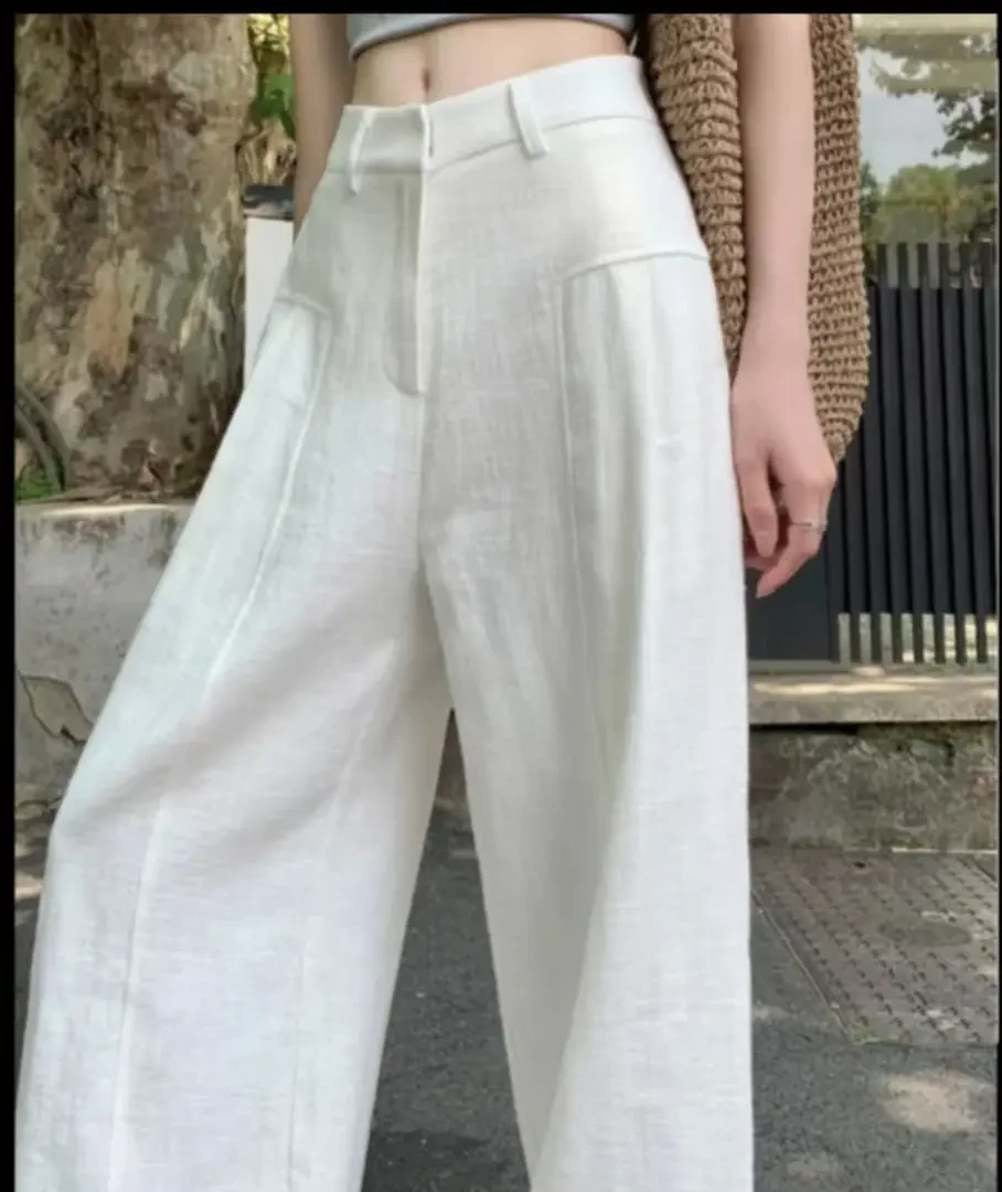 【现货+运费险】白色苎麻阔腿裤女2025夏季薄款高腰垂感西装亚麻裤