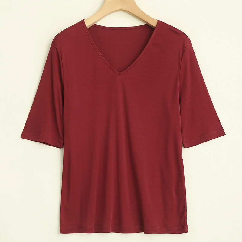 LANZIBES/蓝之蓓真丝薄款42针V领短袖宽松纯色百搭真丝T恤 D8370