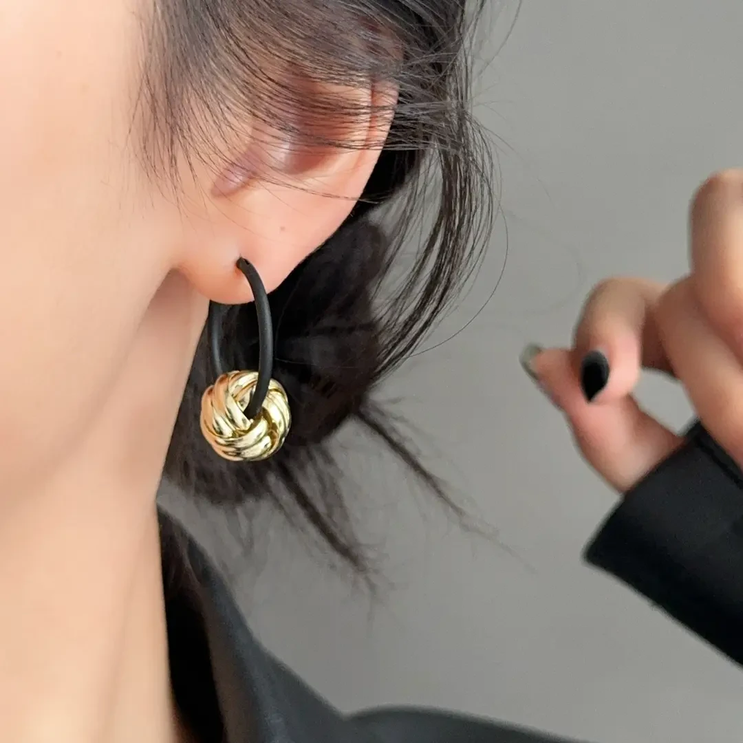 夏季百搭耳饰 复古时尚黑金撞色同心结两戴耳环