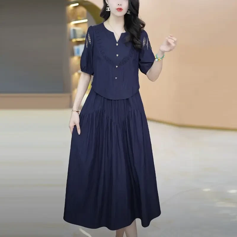 天竹丝轻奢女装2025夏季新款遮肉显瘦优雅气质假两件短袖连衣裙子