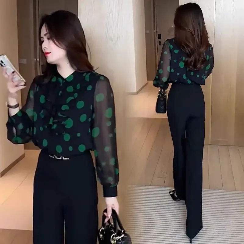 时尚波点雪纺衬衫女2025春季新款高级感宽松百搭气质显瘦长袖上衣