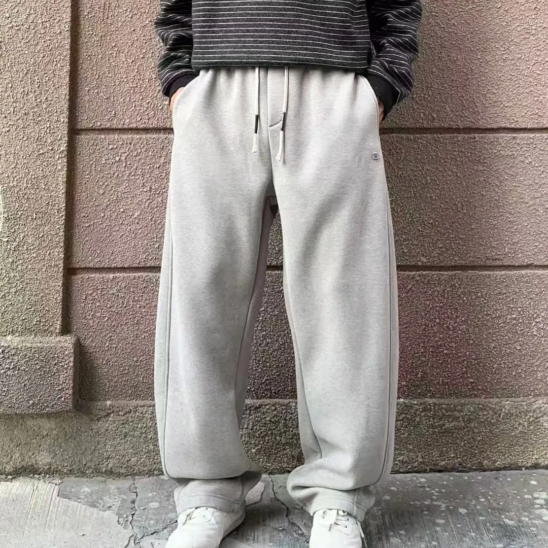 冬季韩版笑脸小标慵懒风磨破加绒休闲直筒裤男宽松抽绳灰色阔腿裤