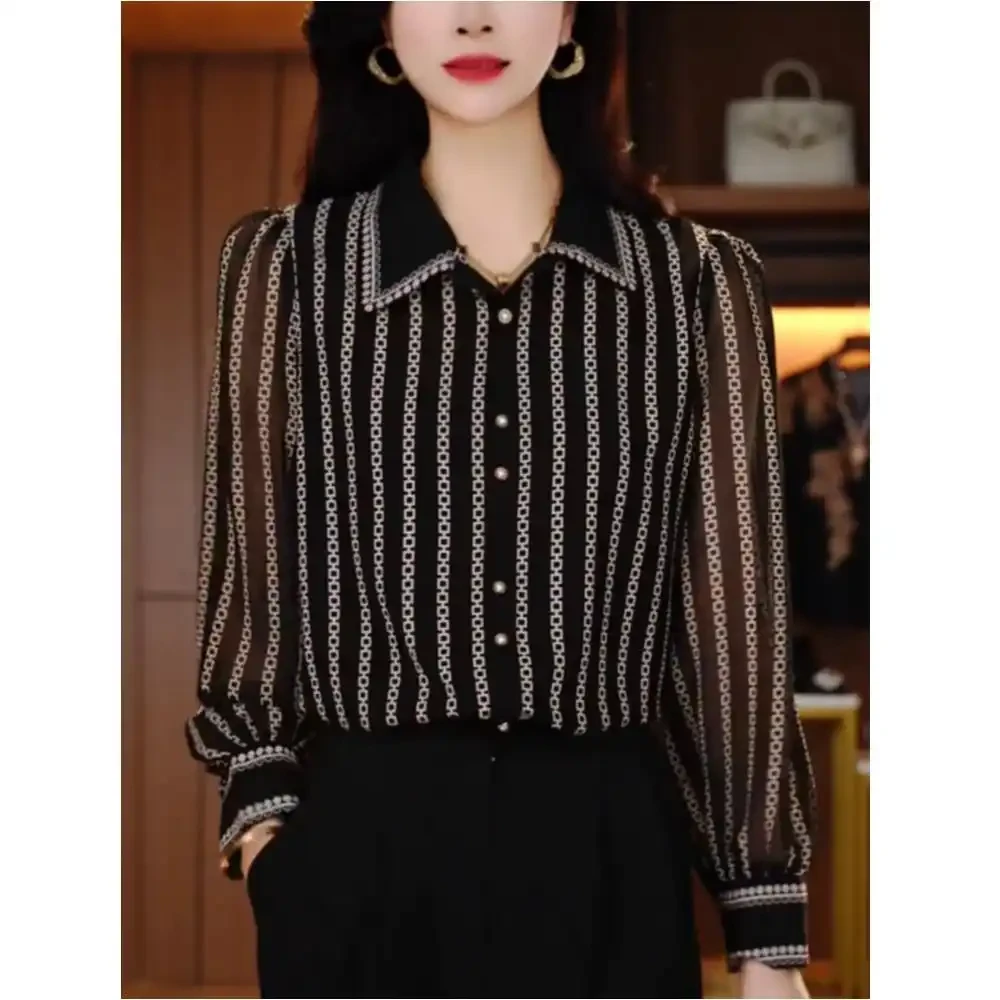 气质翻领条纹小衫2025春季新款时尚洋气百搭减龄显瘦长袖衬衫女