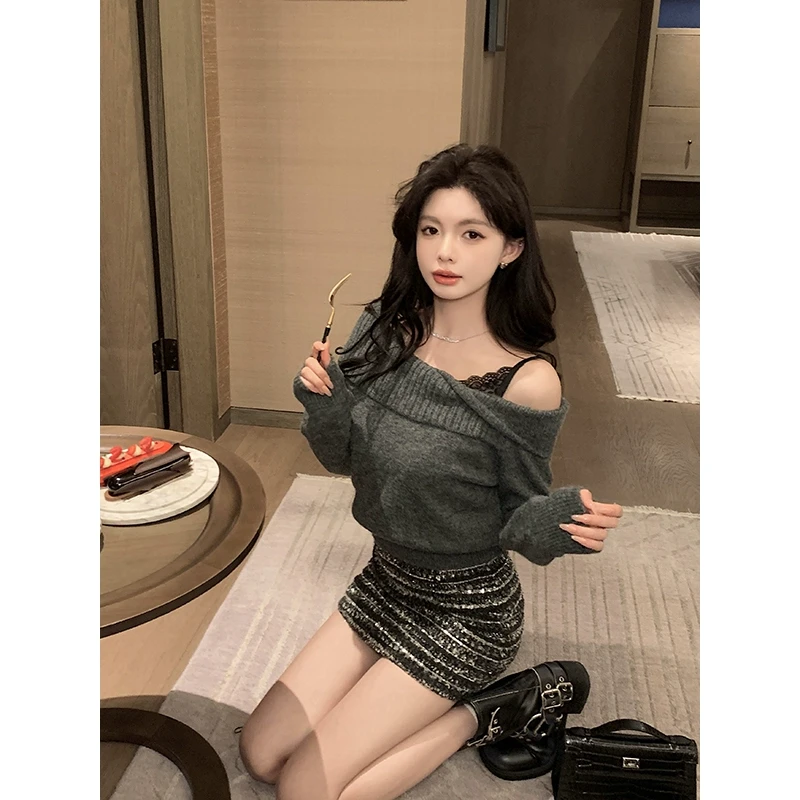 【QIUROUYAO邱肉瑶】留白艺术*灰色斜肩轻露肤吊带毛衣