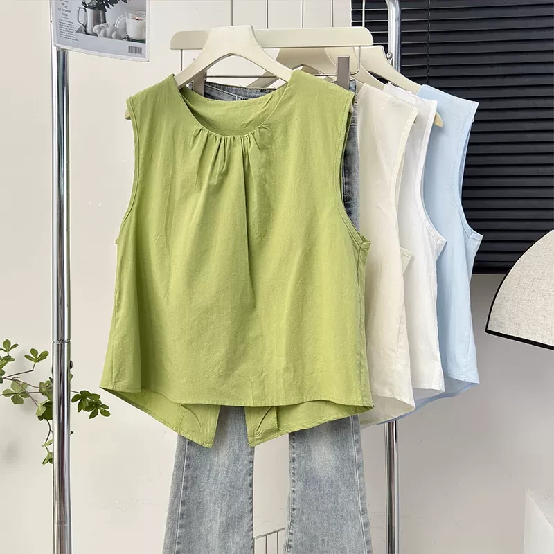 复古韩版纯色褶皱宽松无袖背心女夏季独特别致后背开叉百搭上衣潮