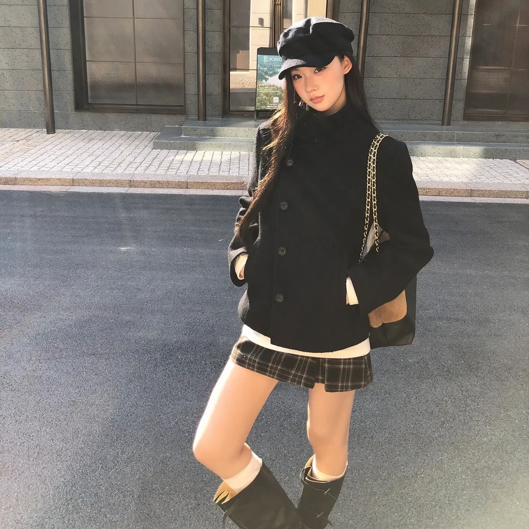 「羊毛+棉」大衣女款2025新款秋冬黑色呢子小个子保暖短款毛呢外套