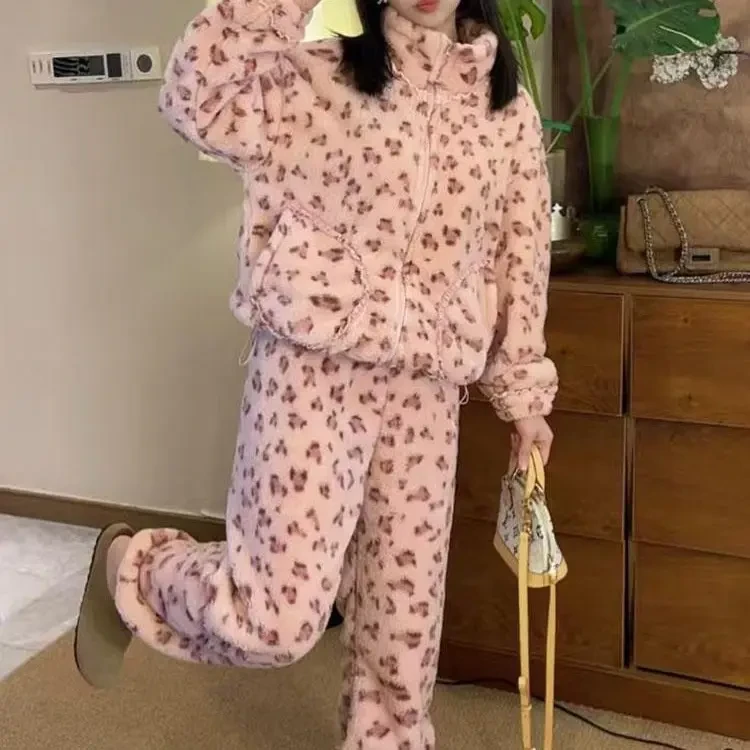 加绒加厚豹纹长袖睡衣女冬季新款宽松慵懒风保暖家居服