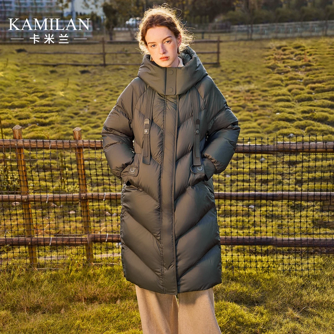 [零压感]卡米兰羽绒服女2025冬新款中长款保暖白鸭绒羽绒外套连帽