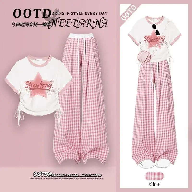 夏季中小学生6-18岁学院风时尚粉格洋气ins宽松韩版阔腿裤套装潮