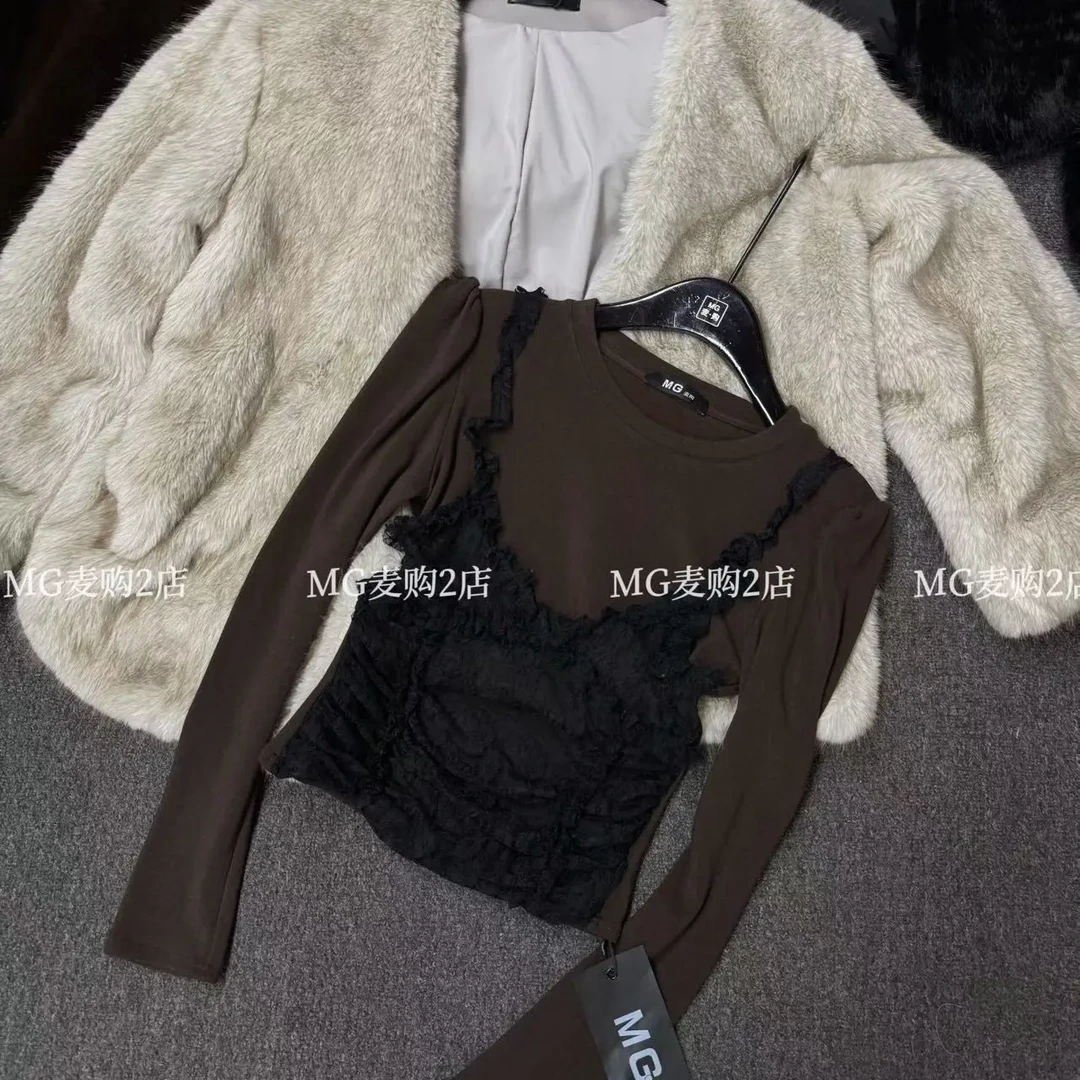 纯欲风假两件拼接长袖T恤女秋冬修身显瘦百搭内搭上衣