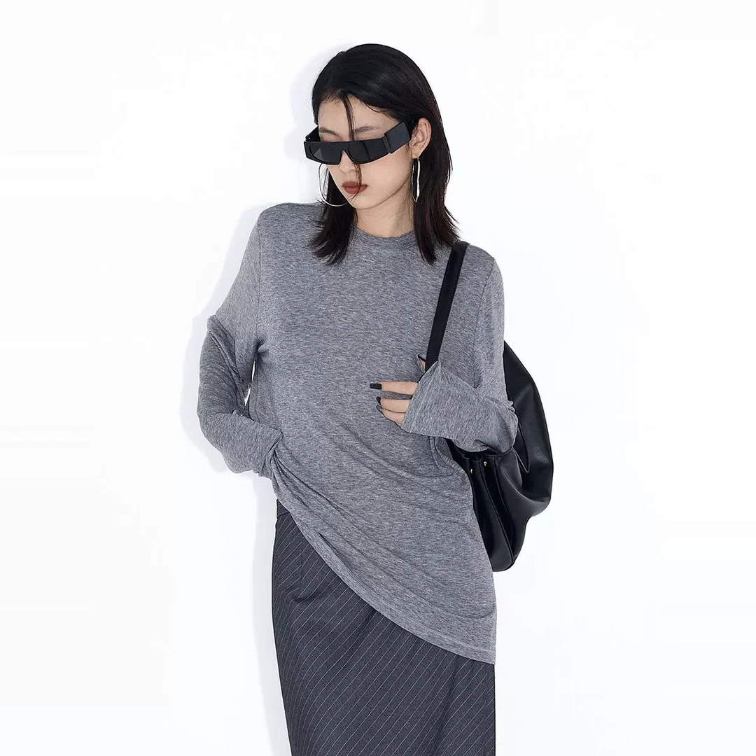 ourhour 羊毛混纺 黑色灰色莱赛尔简约打底衫 女春设计感长袖t恤