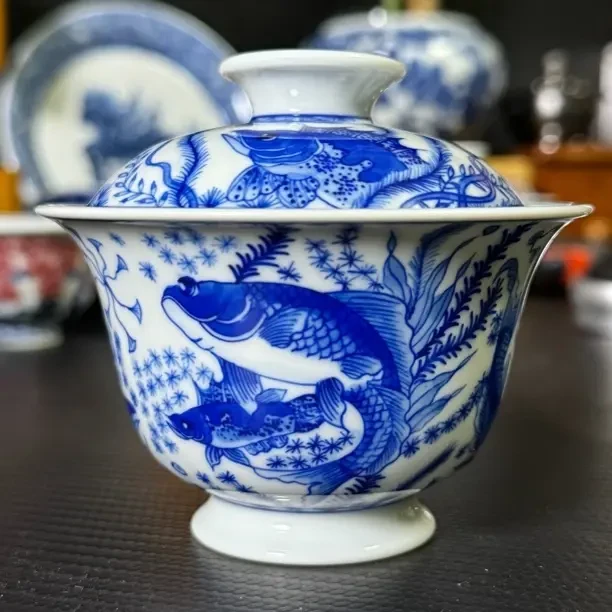 景德镇翠料青花鱼王盖碗纯手绘精工点工内外满绘立体感130CC
