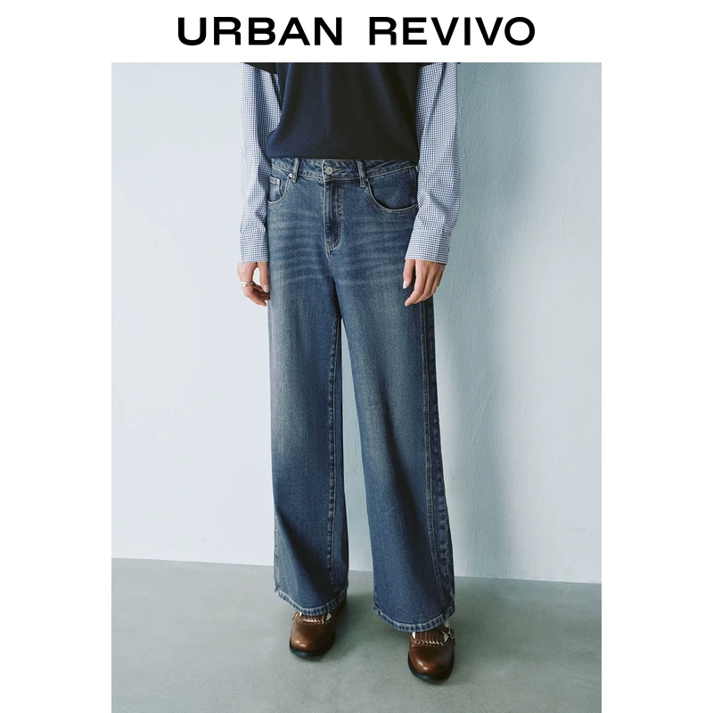 UR2025春季新品女装欧若风复古休闲猫须水洗牛仔长裤UYY850028