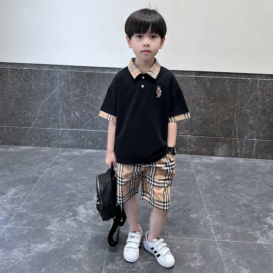 男童夏季休闲polo衫套装2025新款中大童学院风T恤格子短裤两件套