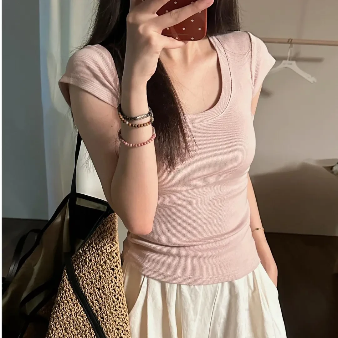 韩系粉色U领正肩短袖T恤女夏收腰显瘦百搭打底修身短款纯欲上衣