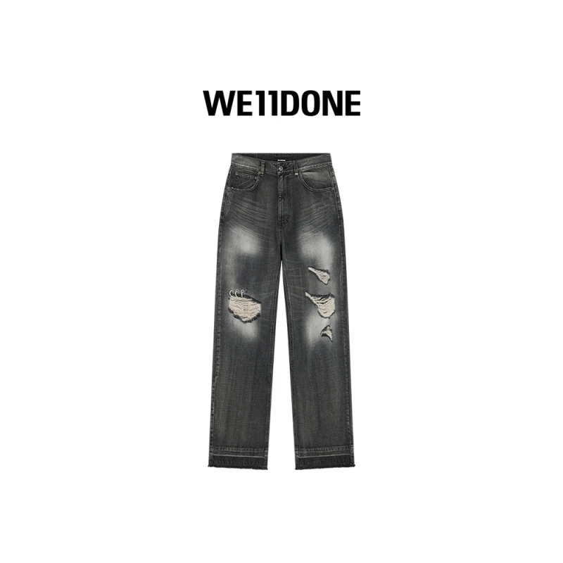 【25早秋新品 鹿*同款】WE11DONE中腰潮流做旧破洞直筒裤牛仔25-333