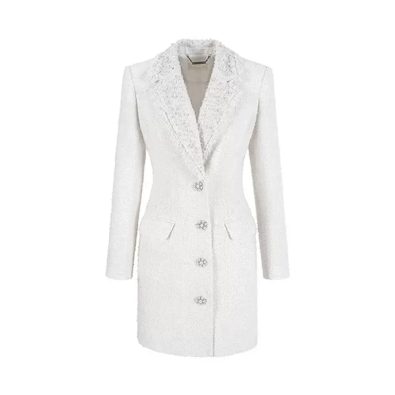 MAGGIE MA马婧设计师款粗花呢修身小香风翻领中长款外套666D